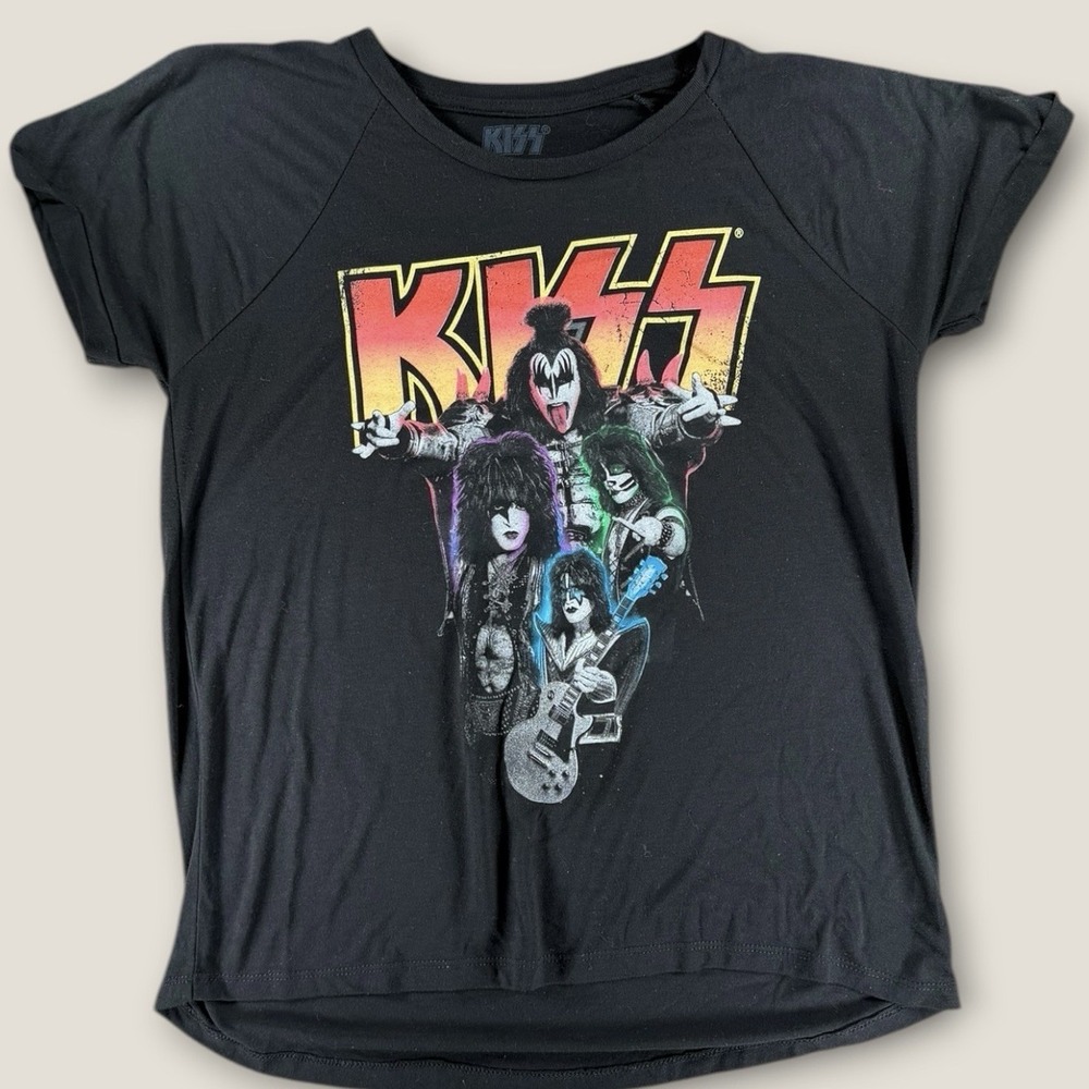 KISS Band T-Shirt Womens Large Black Graphic Rock Tee Dolman Sleeve 2018 Soft